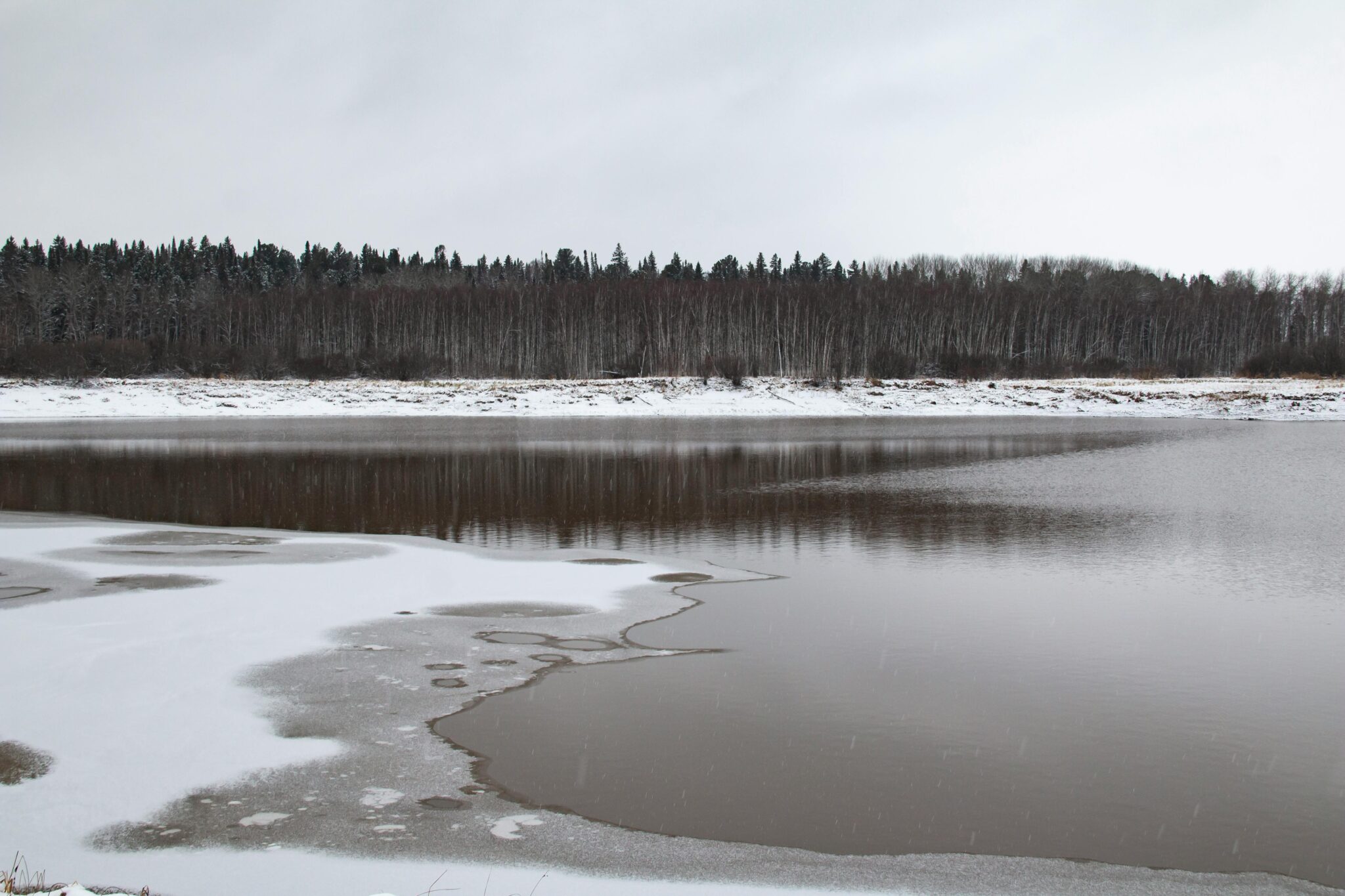 Serene winter landscape of a frozen lake surrounded by a snow-covered forest.